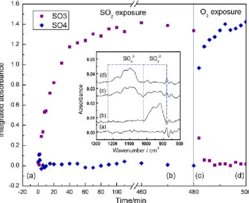 Fig. 2. Integrated absorbance of the DRIFTS band of sulfate and sulfite on CaCO 3 in the step-exposure experiment