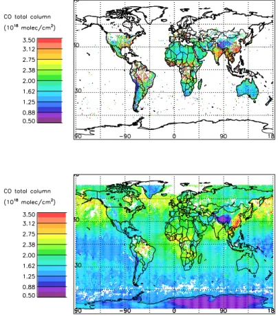 Fig. 5. Monthly averaged CO total columns for November 2003. Top panel: Retrieval results from the IMLM algorithm