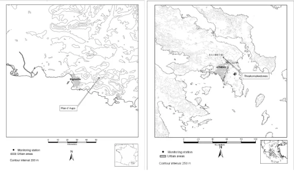 Fig. 1. The area of interest for the BOND-project as well as the two measurement sites at Marseille and Athens.