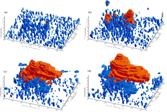 Fig. 2. GCE 3-D cloud scenes, domain size is 64 km×64 km×22.4 km, horizontal resolution 250 m, 41 vertical levels of variable thickness