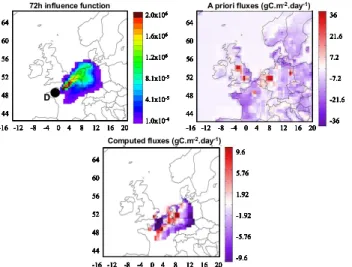 Fig. 9. Comparison of CO 2 concentration along the aircraft path on 25 May 2001 according to altitude and time (circles), with  sim-ulated CO 2 concentration fields from the LMDZt modeling  frame-work