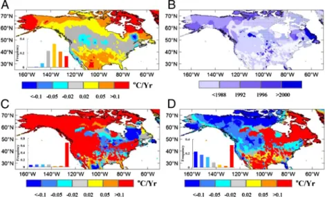 Fig. 1. Spatial distribution of spring (April and May) temperature changes in North America