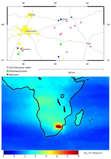 Fig. 1. Map of the Heighveld including the position of the main industries. Averaged tropo- tropo-spheric NO 2 column from SCIAMACHY measurements 2003–2006 (Beirle et al., 2006).
