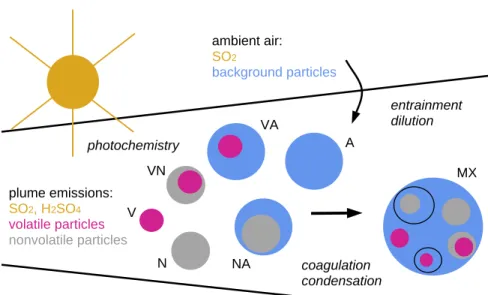 Fig. 1. Schematic of the dynamical, chemical, and microphysical processes leading to the formation of internally mixed soot particles containing black carbon from various sources in dispersing aircraft exhaust plumes