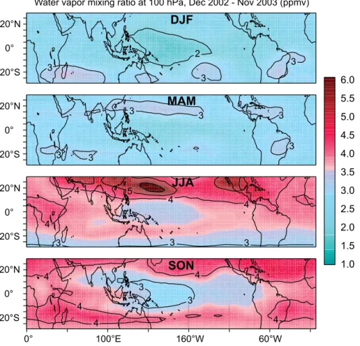 Fig. 3. Model calculated water vapor (ppmv) during four seasons at ∼100 hPa for the period December 2002 to November 2003.