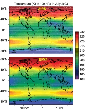 Fig. 5a. Comparison of E5M1 temperature calculations with AIRS satellite measurements at 100 hPa for July 2003.