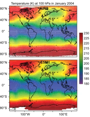 Fig. 5b. Comparison of E5M1 temperature calculations with AIRS satellite measurements at 100 hPa for January 2004.