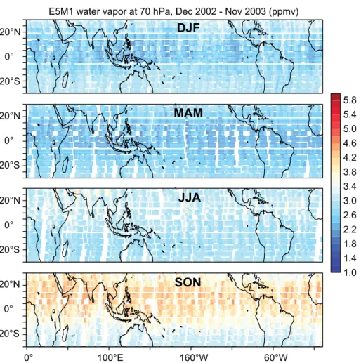 Fig. 9a. E5M1 model calculated water vapor mixing ratios (ppmv) at 70 hPa for the period December 2002 to November 2003.