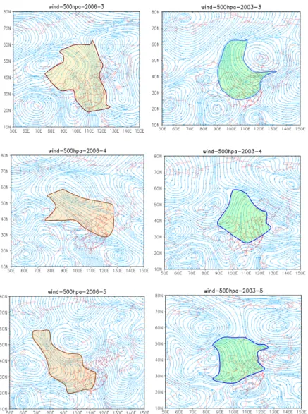 Fig. 2. 500h Pa wind field anomaly for March to May of 2006 (a), and March to May of 2003 (b) (shadow area in Fig