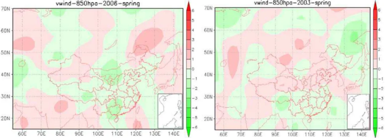 Fig. 3. Meridional wind anomalies at 850 hPa for spring 2006 (a) and spring 2003 (b).
