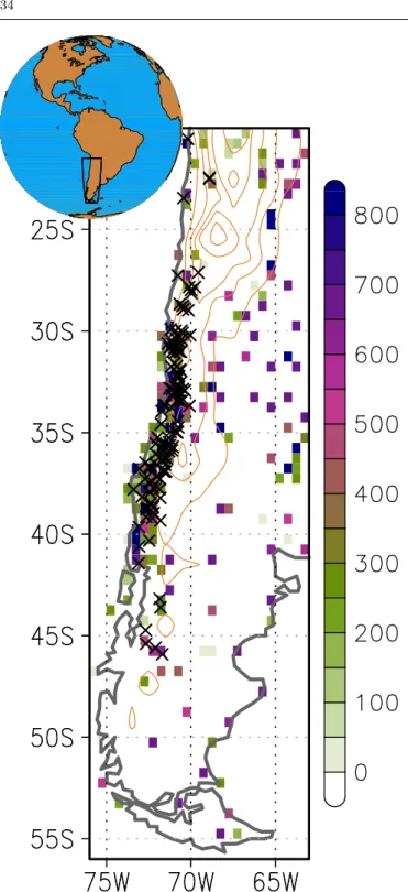 Fig. 1 Details of in situ precipitation observations in South Western South America (SWSA).