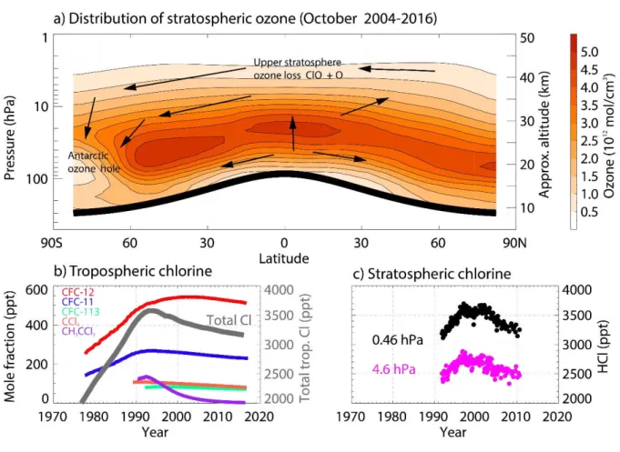 Figure 1. Latitude-height cross section of stratospheric ozone and time series of chlorine in  the troposphere and stratosphere