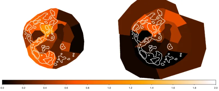 Fig. 3. Average surface brightness of the SNR emission (left) and residual stray-light contamination (right) in units of 10 − 13 erg cm − 2 s − 1 arcmin − 2 in the full (0.4–10 keV) energy range