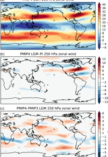 Figure 2. LGM mean annual temperature (in ◦ C) simulated by the ensemble of PMIP4 models (a), LGM–PI mean annual temperature anomaly (in ◦ C) simulated by the same models (middle, where  stip-pling shows where models do not agree on the sign of changes), d