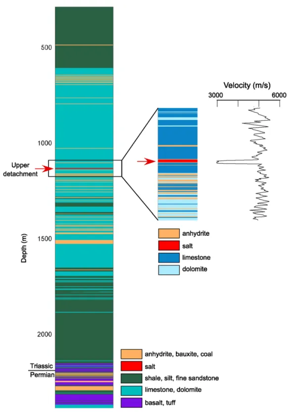 Figure 16. Well showing the rock types and acoustic (P wave) velocities down to ∼2 : 4 km