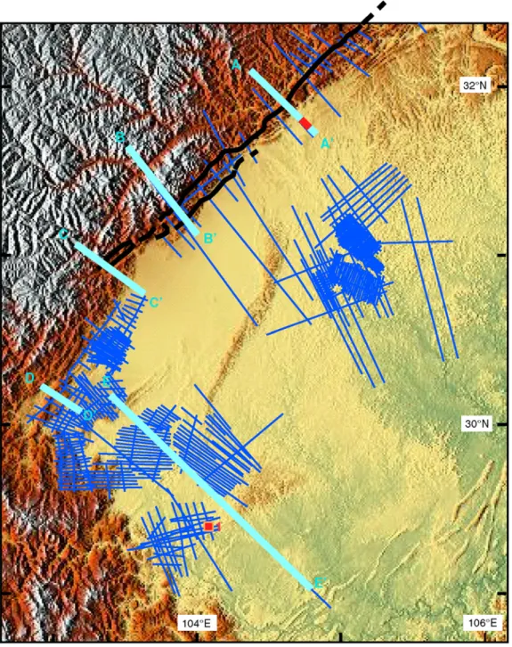 Figure 3. Topographic map of the Longmen Shan and western Sichuan basin. Thin dark lines show the locations of available seismic reflection profiles used to produce our geological cross sections; thick light lines show the locations of interpreted cross se