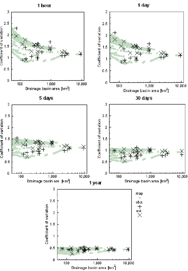 Fig. 6. Temporal coefficients of variation of runoff. Plusses are the estimates from local stream gauge data; crosses are the estimates of the stochastic model for the gauged sites; grey points are the estimates of the stochastic model for the grid cells o