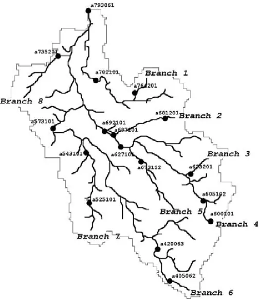 Fig. 1. Schematised river network of the Moselle basin down to Hauconcourt (a793061)  with eight main branches and 17 gauging stations used in the study