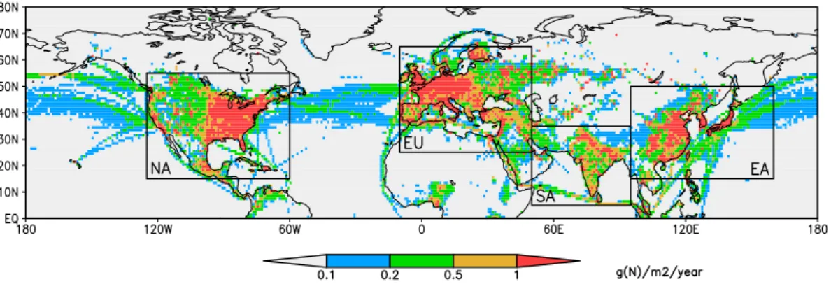 Fig. 1. Anthropogenic surface NO x emissions (g N m −2 yr −1 ) for year 2000 from Lamarque et al