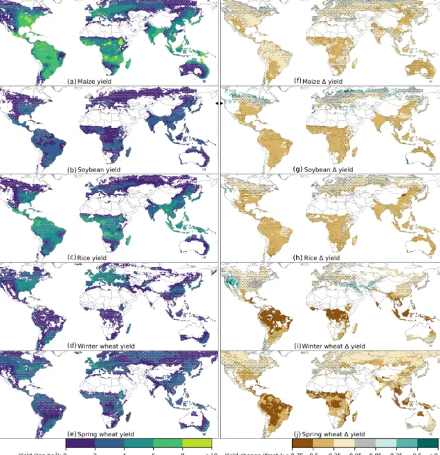 Figure 3. Illustration of the spatial patterns of baseline yields (a–e) and yield changes (f–j) in the GGCMI Phase 2 ensemble