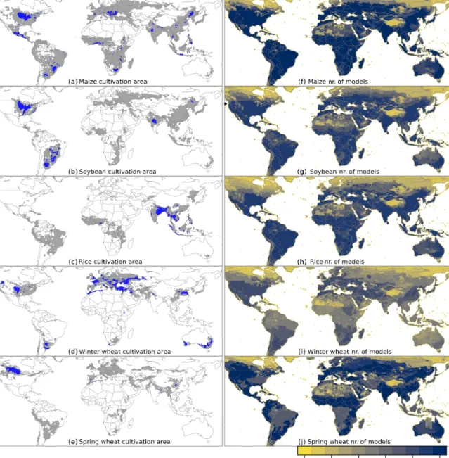 Figure 1. (a–e) Cultivated areas for maize, rice, and soybean from the MIRCA2000 (Monthly Irrigated and Rainfed Crop Areas around the year 2000) dataset (Portmann et al., 2010)