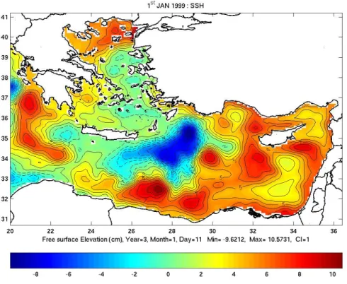 Figure 2. The free surface elevation distribution for the 1 st  January 1999 Fig. 2.The free surface elevation distribution for the 1 January 1999.