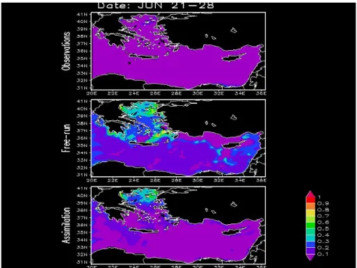 Figure 7. Satellite surface chlorophyll observations (top panel), model free run (central  panel) and analysis (lower panel) for the period 21-28 of Jun 