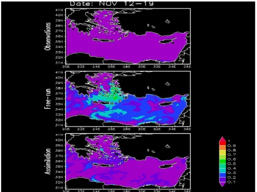 Figure 8. Satellite surface chlorophyll observations (top panel), model free run (central  panel) and analysis (lower panel) for the period 12-19 of November 