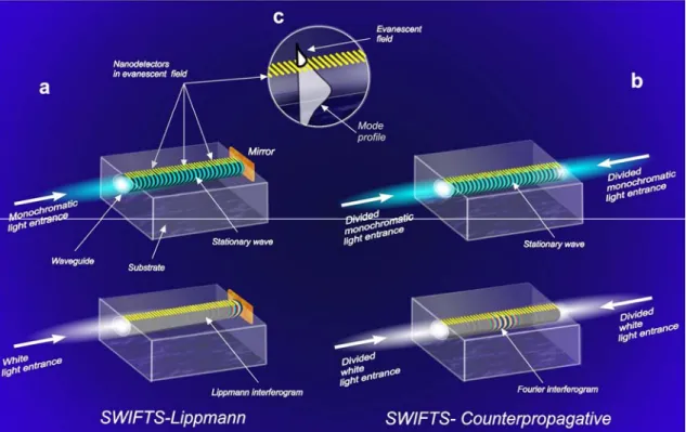 Figure 1 : Stationary Wave Integrated Fourier Transform Spectrometry. a, In the Lippmann on guration,  the forward propagating wave coupled in the waveguide is re ected on the mirror, leading to a stationary  wave