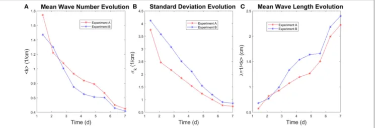FIGURE 10 | The figure shows the mean wavenumber (for k > 0.1cm −1 ), its standard deviation and the mean wavelength (λ = 1/k) evolution with time for two experiments with the same aperture h = 250µm and the withdrawing rate Q = 0.18ml/min