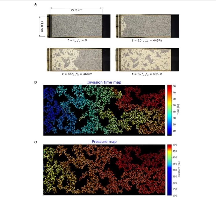 FIGURE 3 | (A) Images from the drainage process driven by the CIP boundary condition. The time t of each image is shown in hours and the instantaneous capillary pressure p c in Pascal