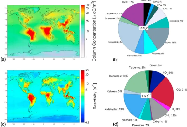 Figure 1. GEOS-Chem simulation of ROC for 2010: (a) annual mean global distribution of the ROC column concentrations;