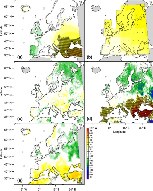 Figure 8. Spatial correlation maps for the March–April temperature reconstruction and precipitation signal (PC 1 ) obtained from the tree-ring dataset during the period 1800–2002 over Europe