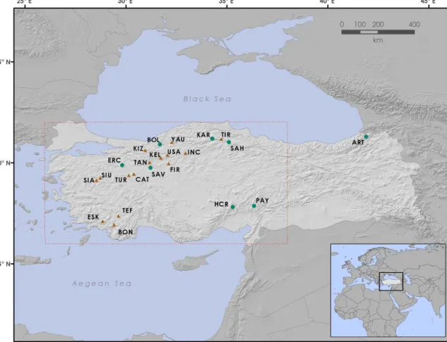Figure 1. Tree-ring chronology sites in Turkey used to reconstruct temperature. Circles represent the new sampling efforts from this study and the triangles represent previously published chronologies (YAU, SIA and SIU in Mutlu et al., 2011