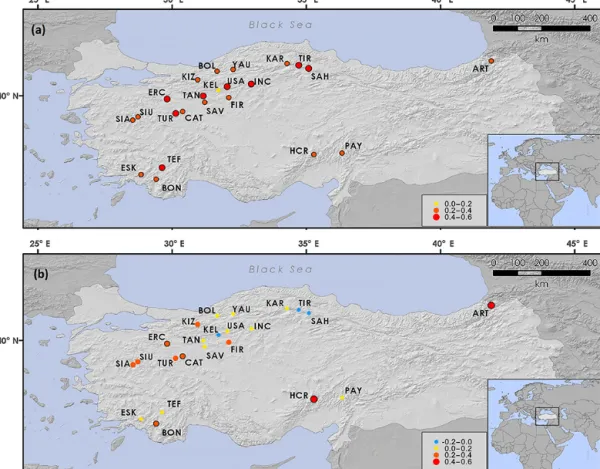 Figure 4. Maps showing Pearson’s correlation coefficients between the sites chronologies and (a) May–August total precipitation and (b) March–April mean temperature for the period 1930–2012