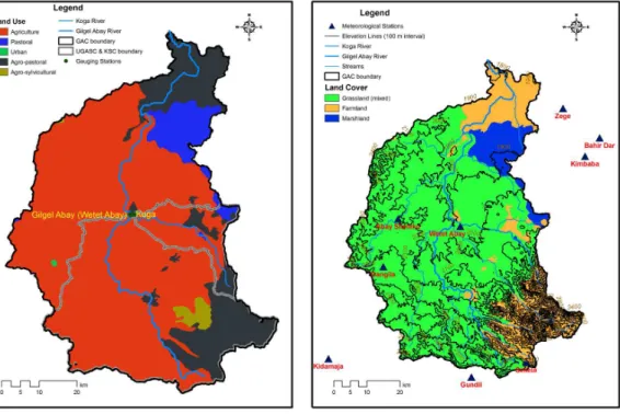 Fig. 1. Study area and instrumentation network: land use, gauging stations and boundaries of GAC, UGASC and KSC (left), and elevation lines, stream network, meteorological stations and land cover (right).
