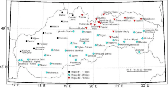 Fig. 2. Delineation of 3 homogeneous regions for frequency analysis of heavy precipitation amounts using the conventional regionalization approach of Hosking and Wallis.