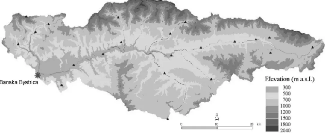 Fig. 2. Digital elevation model of the Hron River basin with rain-gauge station locations.