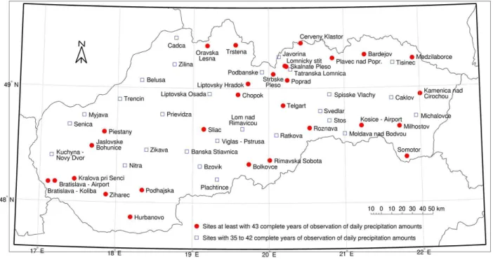 Fig. 1. 56 climatological stations in Slovakia selected for a regional frequency analysis of heavy precipitation amounts.