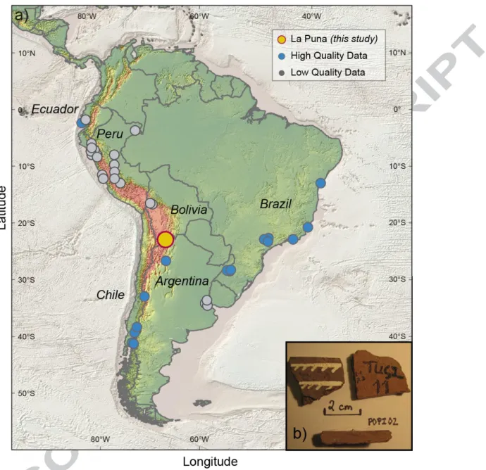 Figure  1.  a)  Map  of  South  America  showing  the  location  of  the  archeological  sites  where  the  material was recovered (orange dot)