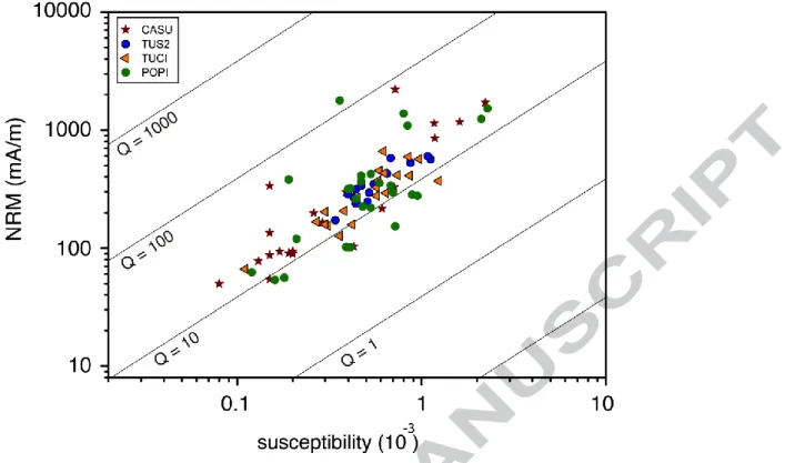 Figure 2. Intensity of the Natural Remanent Magnetization (NRM) versus bulk susceptibility (10 -