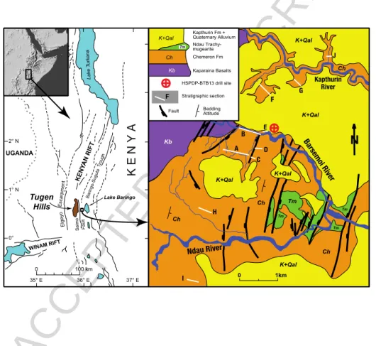 Figure 1. Location map and geological setting of BTB13. Stratigraphic sections are  described elsewhere (Deino et al., 2006; Kingston et al., 2007)
