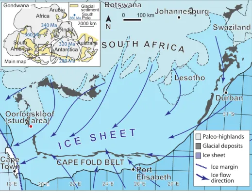 Figure 1.  Paleogeographic map of South Africa during the late Paleozoic ice age, and outline  of ice-sheet flow character, based on Visser (1997) and Lopez-Gamundi and Buatois (2010)