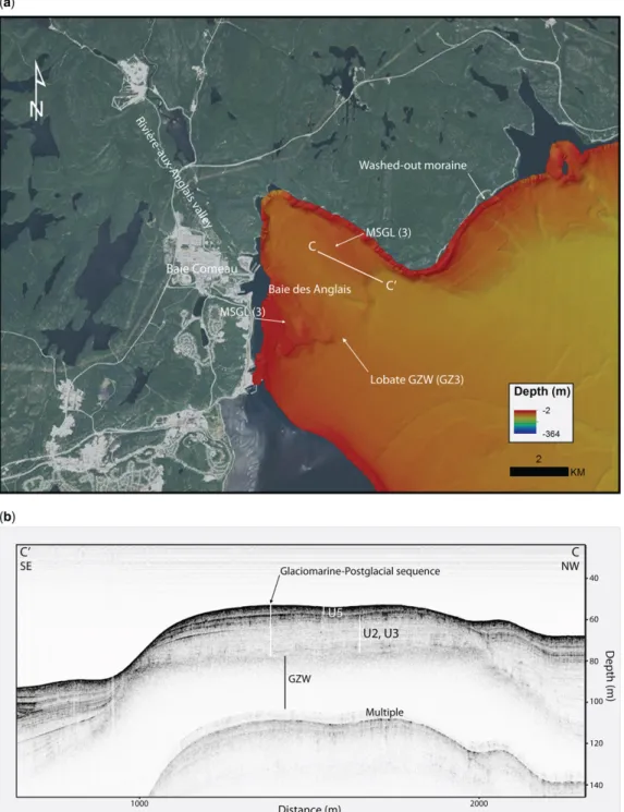 Fig. 7. (a) Swath bathymetry imagery of a lobate GZW in Baie-des-Anglais, at the western end of the study area.