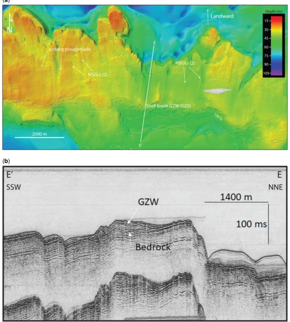 Fig. 9. (a) Swath bathymetry imagery of the shelf located halfway between the Moisie and Manitou river mouths showing iceberg ploughmarks and MSGLs (MSGL system 3) up-ice of the major escarpment where shelf-break GZWs (b: airgun seismic pro ﬁ le; location 