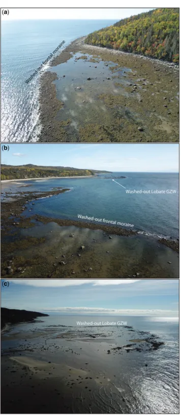 Fig. 12. Air photographs taken from a drone of washed-out moraines and GZWs outcropping at low tide along the modern coastline between Baie-des-Anglais (BA) and Pointe-des-Monts (PDM)