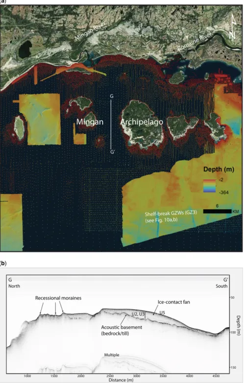 Fig. 13. Location (a) of a Chirp sub-bottom pro ﬁ le (b; location G – G ′ ) showing an ice-contact fan between two islands of the Mingan Archipelago