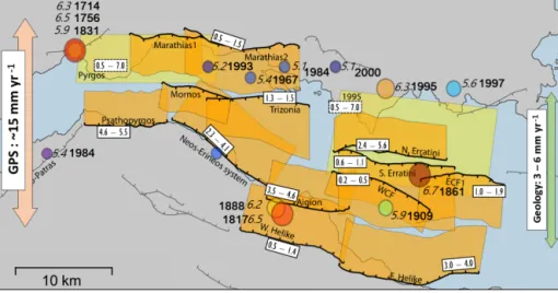 Figure 2. Map of the active faults of the western part of the Corinth rift (modified from Boiselet, 2014)