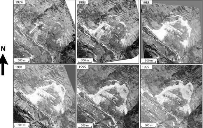 Fig. 2. Six ortho-rectified images of the la Clapi`ere landslide for the time interval 1974–1999.