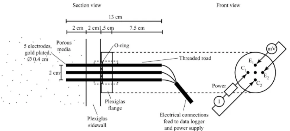 Fig. 10. Electrode array with two current electrodes (C 1 and C 2 ), two potential electrodes (E 1 and E 2 ) and grounding in the center of the array.
